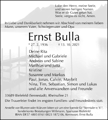 Traueranzeige von Ernst Bulla von Westfalen-Blatt