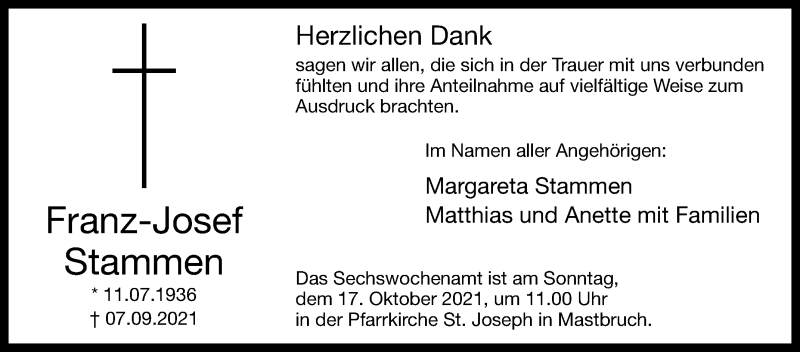  Traueranzeige für Franz-Josef Stammen vom 09.10.2021 aus Westfalen-Blatt