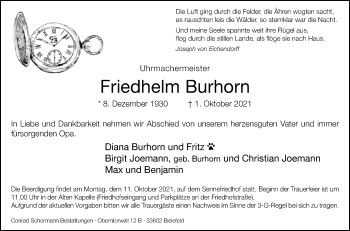 Traueranzeige von Friedhelm Burhorn von Westfalen-Blatt
