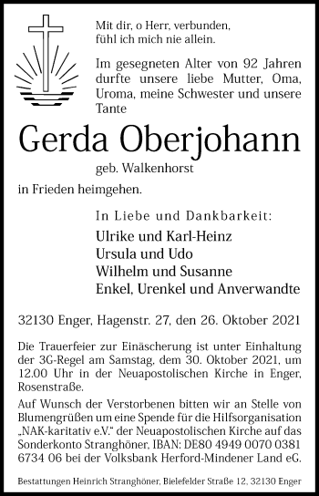 Traueranzeige von Gerda Oberjohann von Westfalen-Blatt