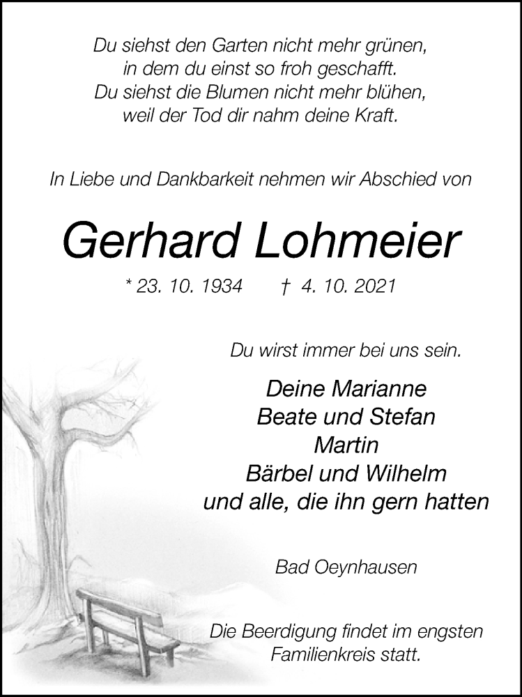  Traueranzeige für Gerhard Lohmeier vom 06.10.2021 aus Westfalen-Blatt