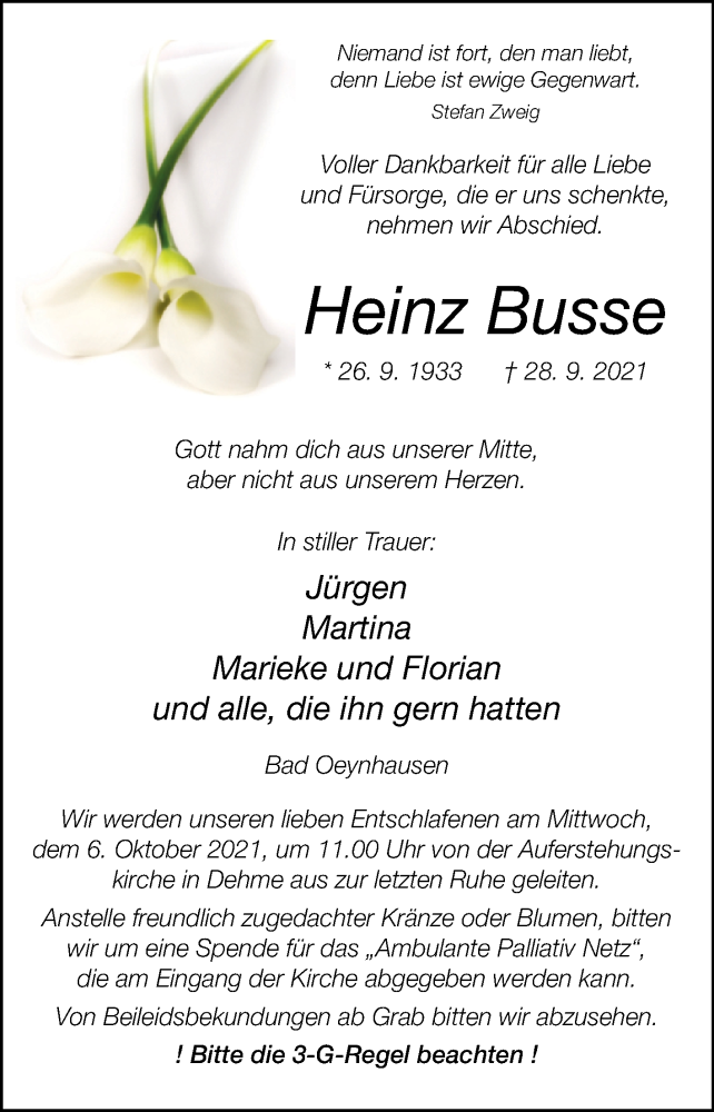  Traueranzeige für Heinz Busse vom 02.10.2021 aus Westfalen-Blatt