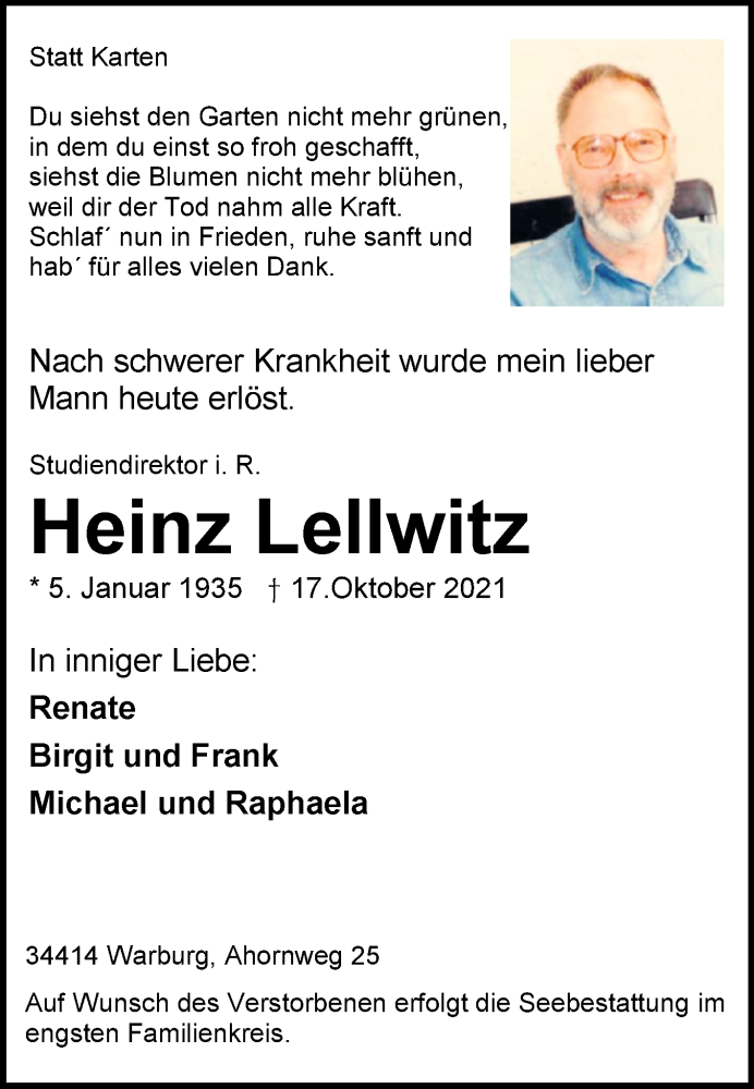  Traueranzeige für Heinz Lellwitz vom 23.10.2021 aus Westfalen-Blatt