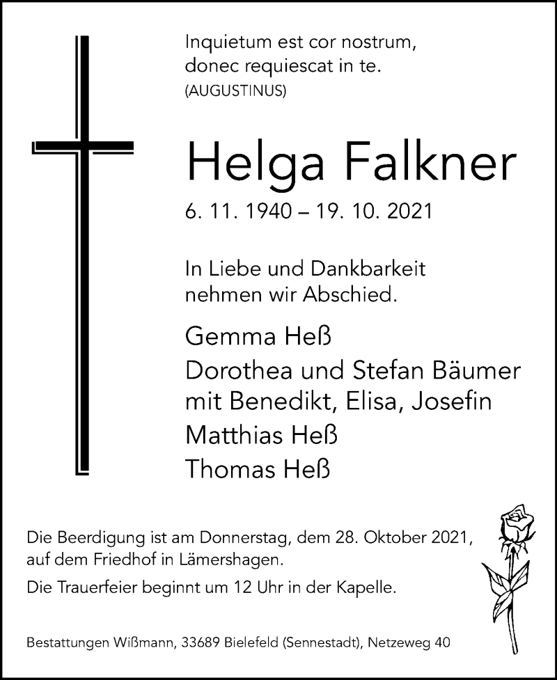  Traueranzeige für Helga Falkner vom 26.10.2021 aus Westfalen-Blatt