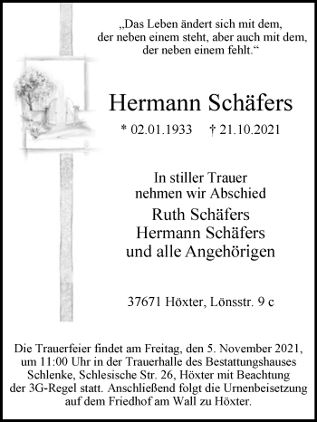 Traueranzeige von Hermann Schäfers von Westfalen-Blatt