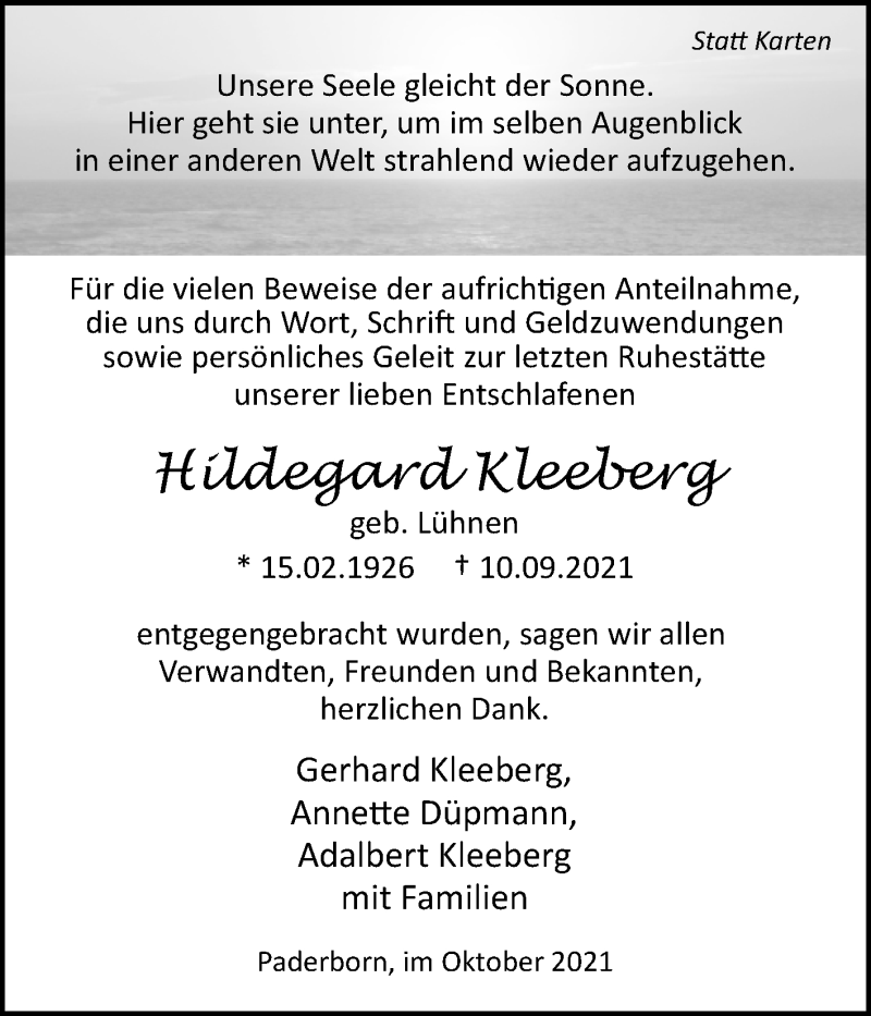  Traueranzeige für Hildegard Kleeberg vom 02.10.2021 aus Westfalen-Blatt