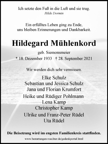 Traueranzeige von Hildegard Mühlenkord von Westfalen-Blatt