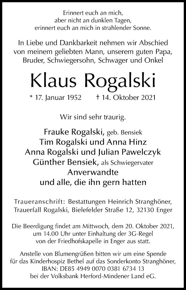  Traueranzeige für Klaus Rogalski vom 16.10.2021 aus Westfalen-Blatt