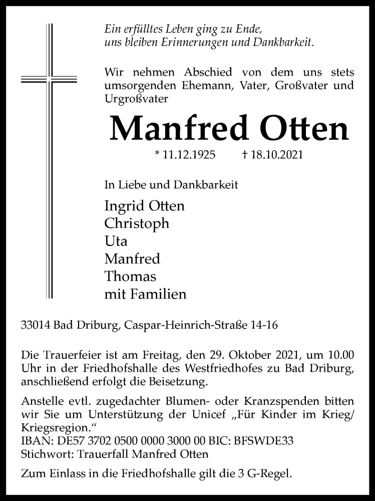  Traueranzeige für Manfred Otten vom 23.10.2021 aus Westfalen-Blatt