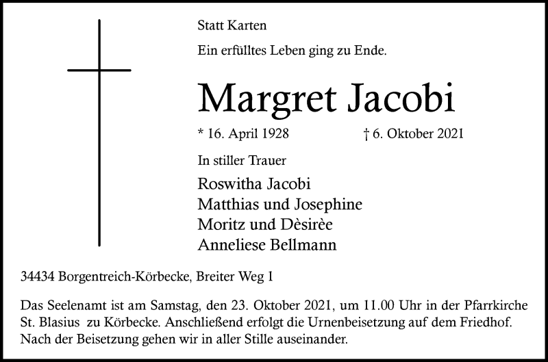  Traueranzeige für Margret Jacobi vom 09.10.2021 aus Westfalen-Blatt