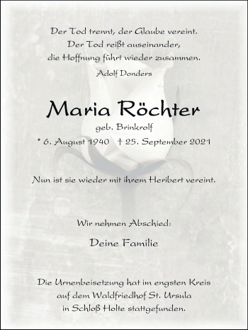Traueranzeige von Maria Röchter von Westfalen-Blatt