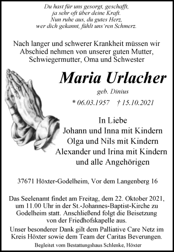 Traueranzeige von Maria Urlacher von Westfalen-Blatt