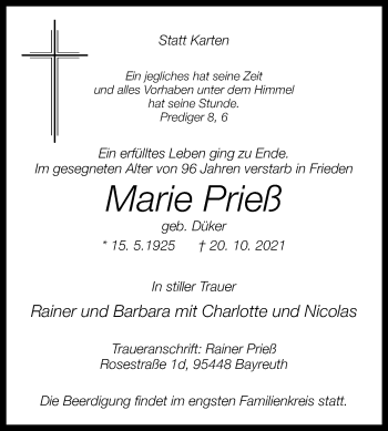 Traueranzeige von Marie Prieß von Westfalen-Blatt