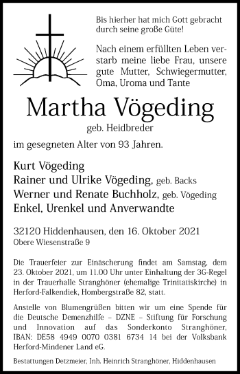 Traueranzeige von Martha Vögeding von Westfalen-Blatt