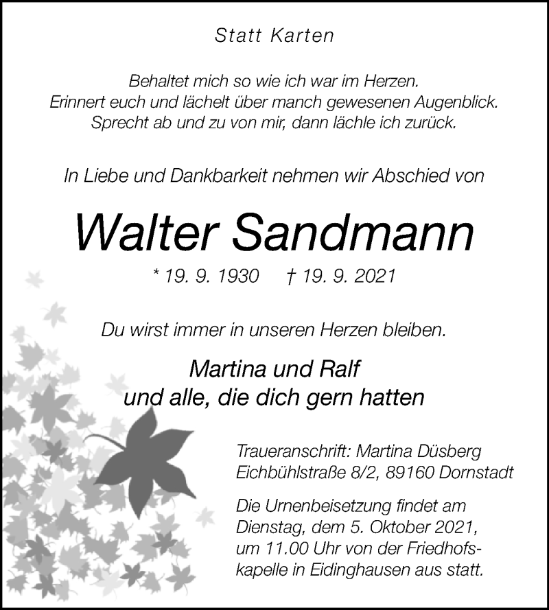  Traueranzeige für Walter Sandmann vom 02.10.2021 aus Westfalen-Blatt