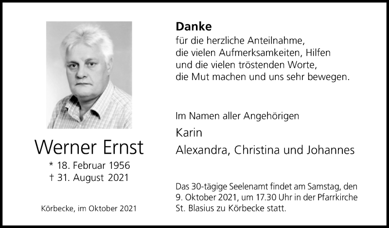  Traueranzeige für Werner Ernst vom 02.10.2021 aus Westfalen-Blatt