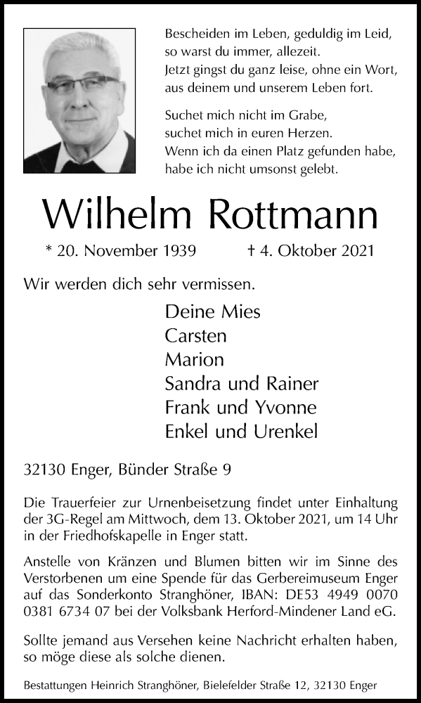  Traueranzeige für Wilhelm Rottmann vom 09.10.2021 aus Westfalen-Blatt