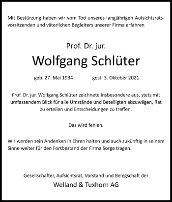 Traueranzeige von Wolfgang Schlüter von Westfalen-Blatt