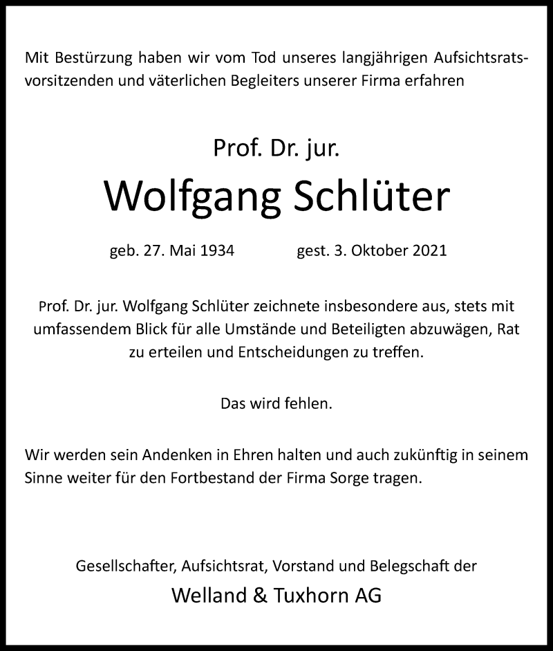  Traueranzeige für Wolfgang Schlüter vom 09.10.2021 aus Westfalen-Blatt