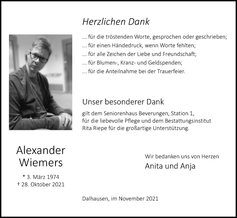  Traueranzeige für Alexander Wiemers vom 27.11.2021 aus Westfalen-Blatt