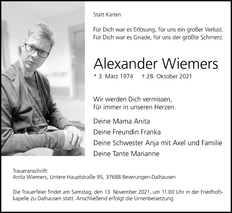  Traueranzeige für Alexander Wiemers vom 06.11.2021 aus Westfalen-Blatt
