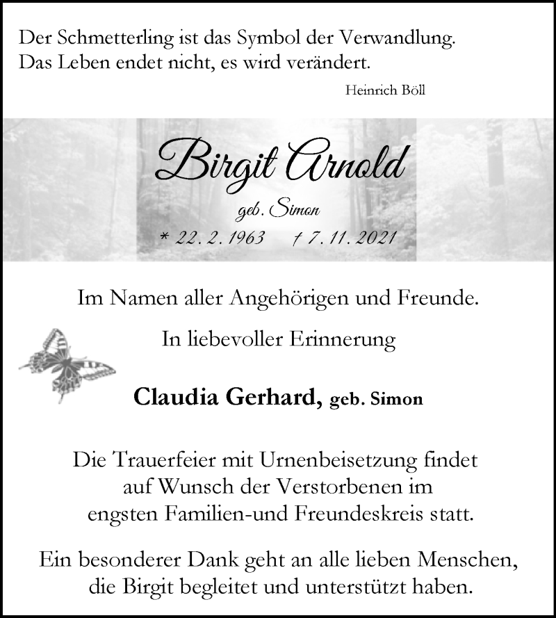  Traueranzeige für Birgit Arnold vom 13.11.2021 aus Westfalen-Blatt