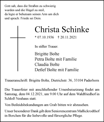 Traueranzeige von Christa Schinke von Westfalen-Blatt