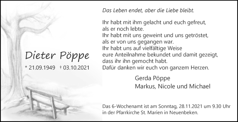  Traueranzeige für Dieter Pöppe vom 20.11.2021 aus Westfalen-Blatt