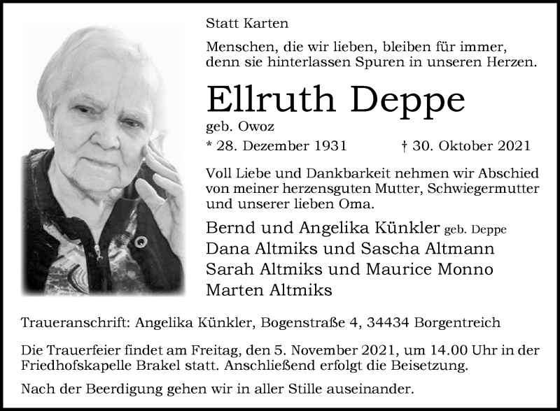  Traueranzeige für Ellruth Deppe vom 03.11.2021 aus Westfalen-Blatt