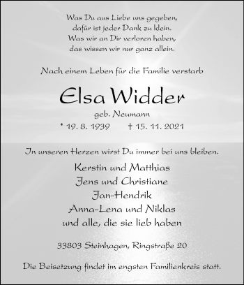 Traueranzeige von Elsa Widder von Westfalen-Blatt