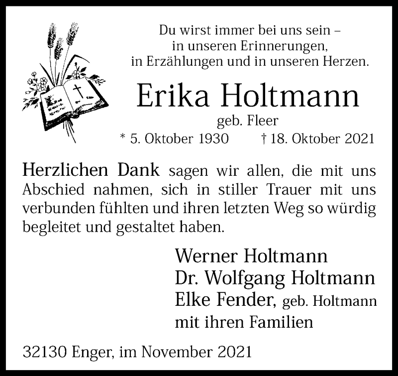  Traueranzeige für Erika Holtmann vom 27.11.2021 aus Westfalen-Blatt