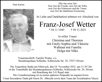 Traueranzeige von Franz-Josef Wetter von Westfalen-Blatt