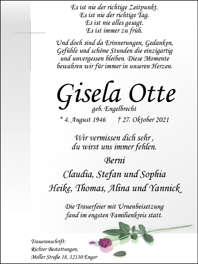  Traueranzeige für Gisela Otte vom 13.11.2021 aus Westfalen-Blatt