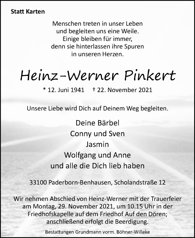  Traueranzeige für Heinz-Werner Pinkert vom 24.11.2021 aus Westfalen-Blatt