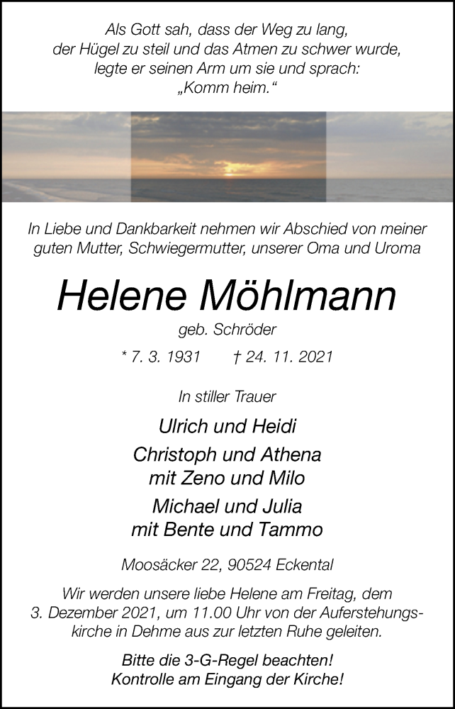  Traueranzeige für Helene Möhlmann vom 27.11.2021 aus Westfalen-Blatt