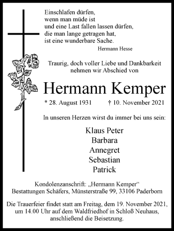 Traueranzeige von Hermann Kemper von Westfalen-Blatt