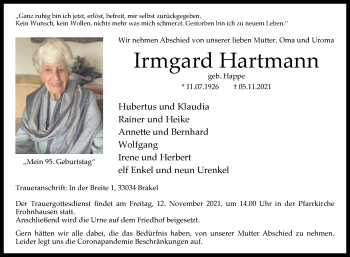 Traueranzeige von Irmgard Hartmann von Westfalen-Blatt