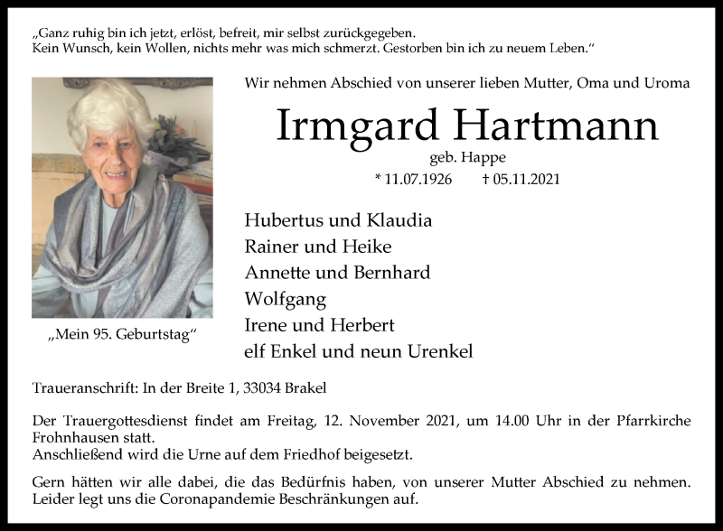  Traueranzeige für Irmgard Hartmann vom 10.11.2021 aus Westfalen-Blatt