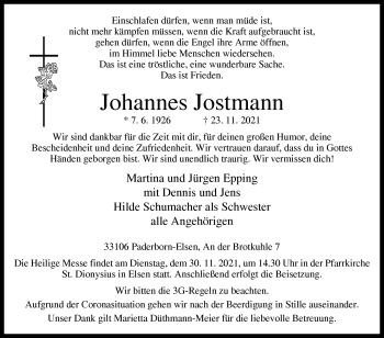 Traueranzeige von Johannes Jostmann von Westfalen-Blatt