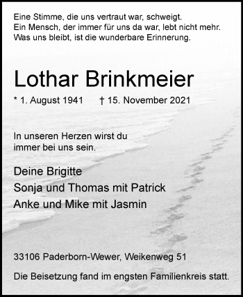Traueranzeige von Lothar Brinkmeier von Westfalen-Blatt