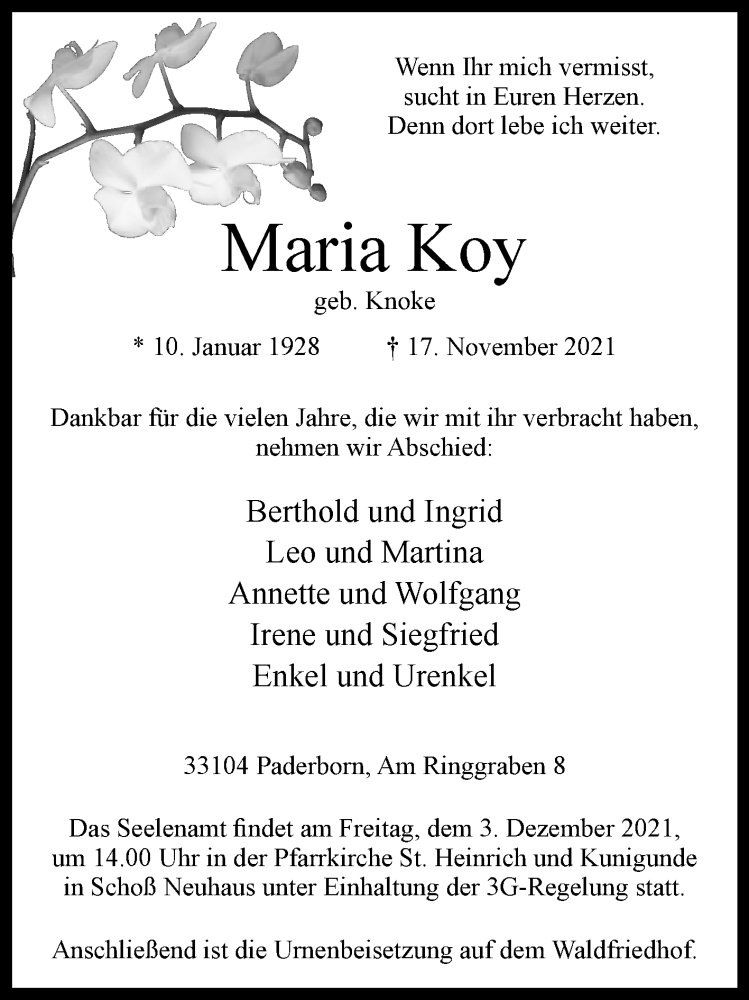  Traueranzeige für Maria Koy vom 27.11.2021 aus Westfalen-Blatt