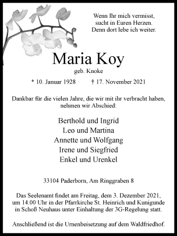 Traueranzeige von Maria Koy von Westfalen-Blatt