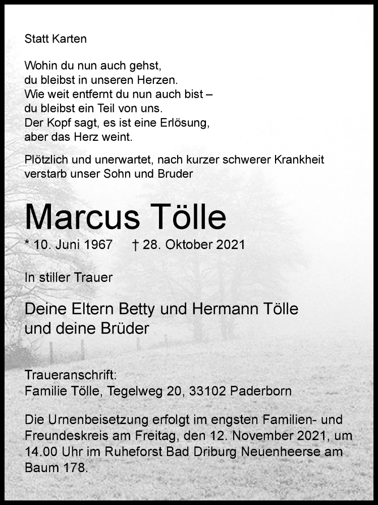  Traueranzeige für Marcus Tölle vom 06.11.2021 aus Westfalen-Blatt