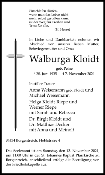 Traueranzeige von Walburga Kloidt von Westfalen-Blatt