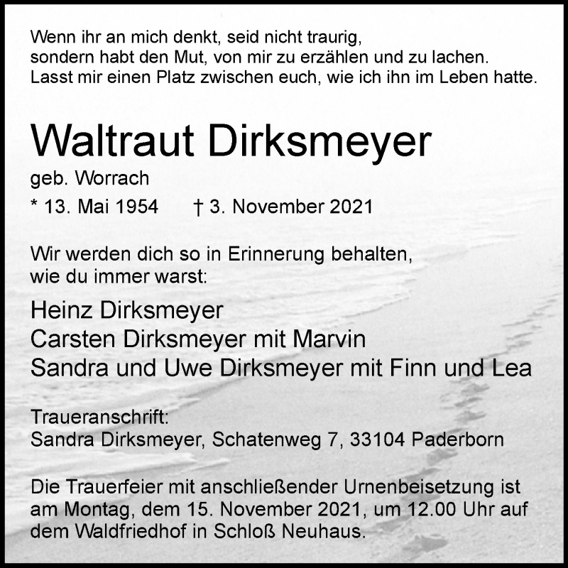  Traueranzeige für Waltraut Dirksmeyer vom 10.11.2021 aus Westfalen-Blatt