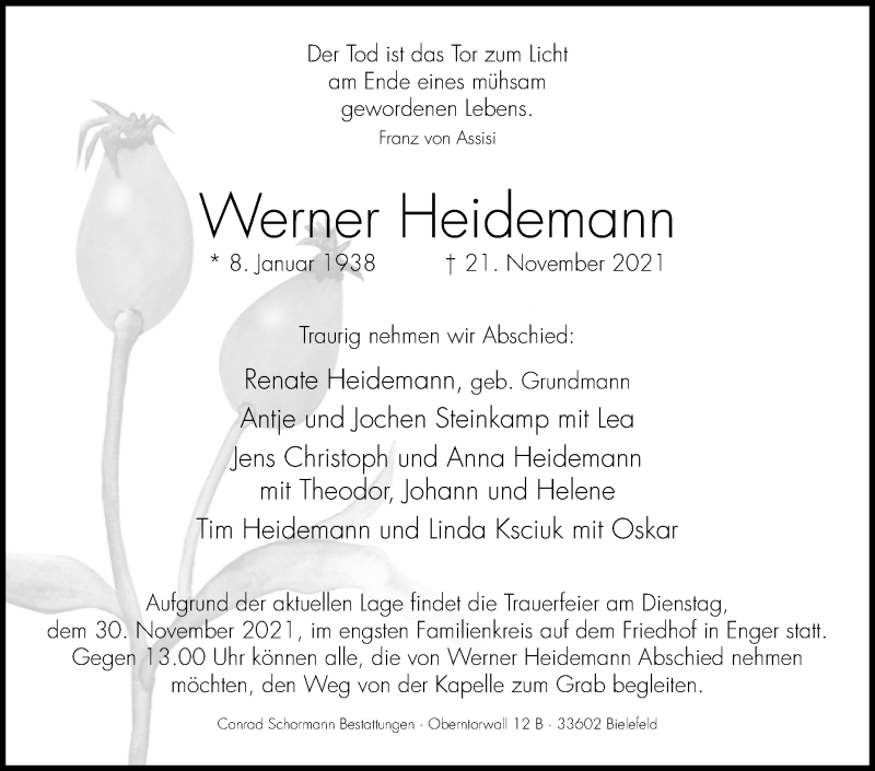  Traueranzeige für Werner Heidemann vom 27.11.2021 aus Westfalen-Blatt
