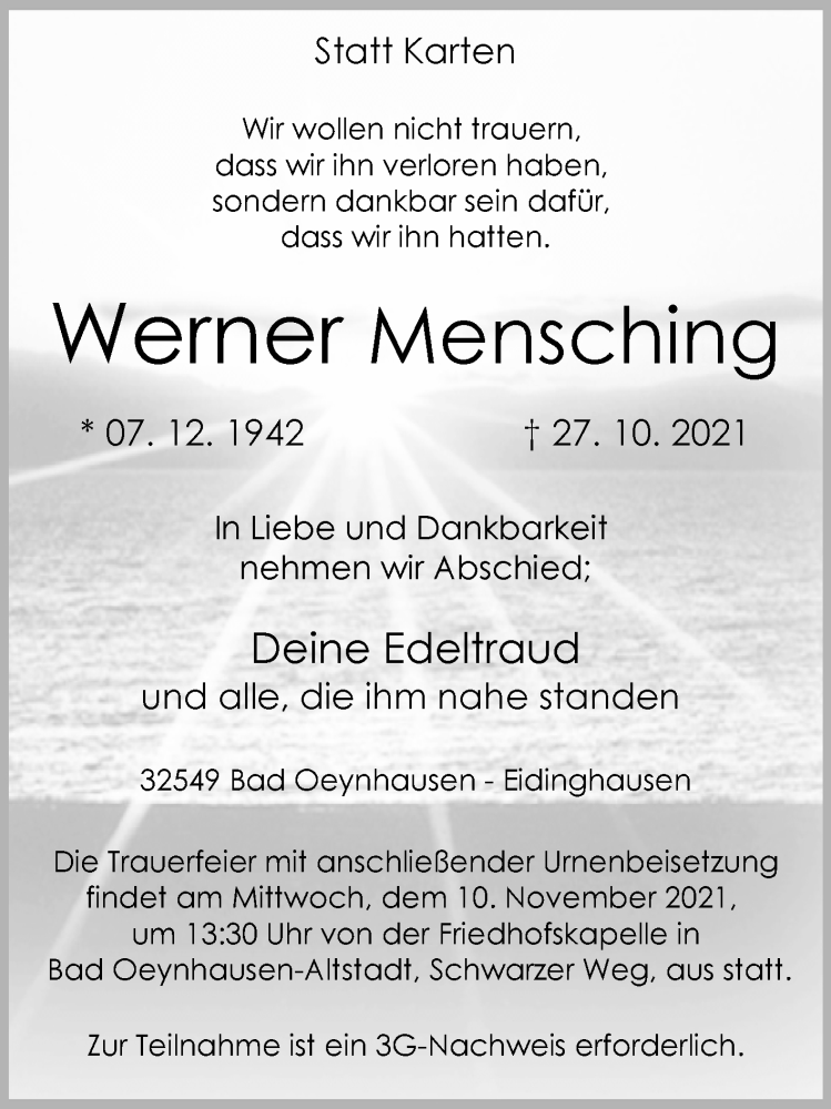  Traueranzeige für Werner Mensching vom 03.11.2021 aus Westfalen-Blatt