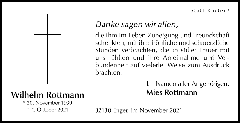  Traueranzeige für Wilhelm Rottmann vom 13.11.2021 aus Westfalen-Blatt