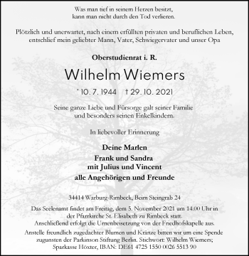 Traueranzeige von Wilhelm Wiemers von Westfalen-Blatt
