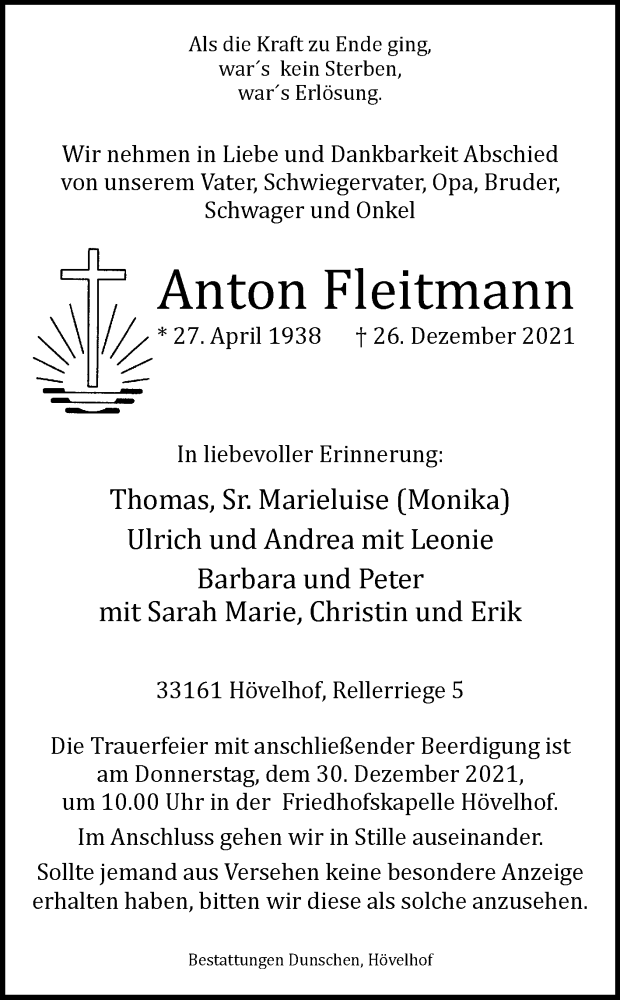  Traueranzeige für Anton Fleitmann vom 28.12.2021 aus Westfalen-Blatt